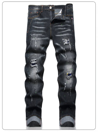 Mode Neue Slim Stretch Zerrissene Jeans männer Streetwear Farbe Flecken Denim Hosen Hip Hop Punk Persönlichkeit Loch Männliche Hosen.