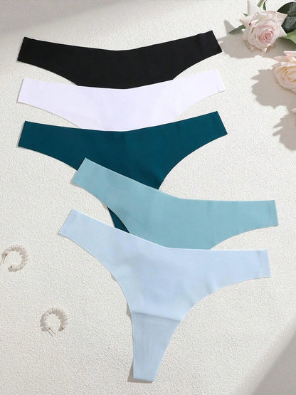 5Pcs Ice Silk Seamless Thongs Women's V-Waist Solid Color Panties Sexy Breathable Low Rise Underwear Invisible Bikini Lingerie.