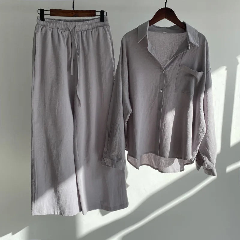 Pants Set Women Shirts Wide Leg Elastic Waist Cotton Linen Casual Sets Elegant Loose Long Sleeve Lapel Spring Shirt Y2k Suit.