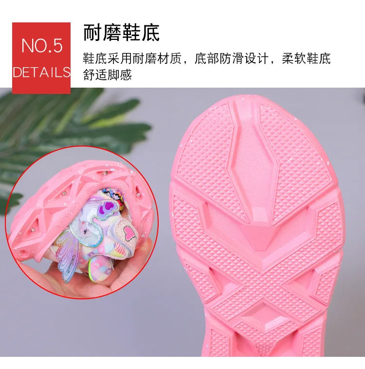 Disney Children's Sports Shoes Led Lights Sneaker Cartoon Frozen Princess  Elsa PU Leather Girls' Pink Children's Running Shoes.