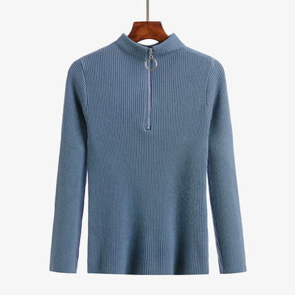 Frauen Fashion Solid Strick Pullover Vintage Langarm Zip-up Grundlegende Hälfte Rollkragenpullover Weibliche Pullover Chic Casual Tops.