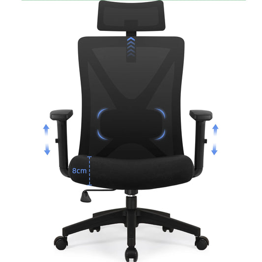 AUTHMIC Ergonomischer Bürostuhl mit Netzrücken, 5D-Lendenwirbelstütze, Liegestuhl 90–135 ° , Verstellbare Armlehne und Kopfstütze für das Heimbüro