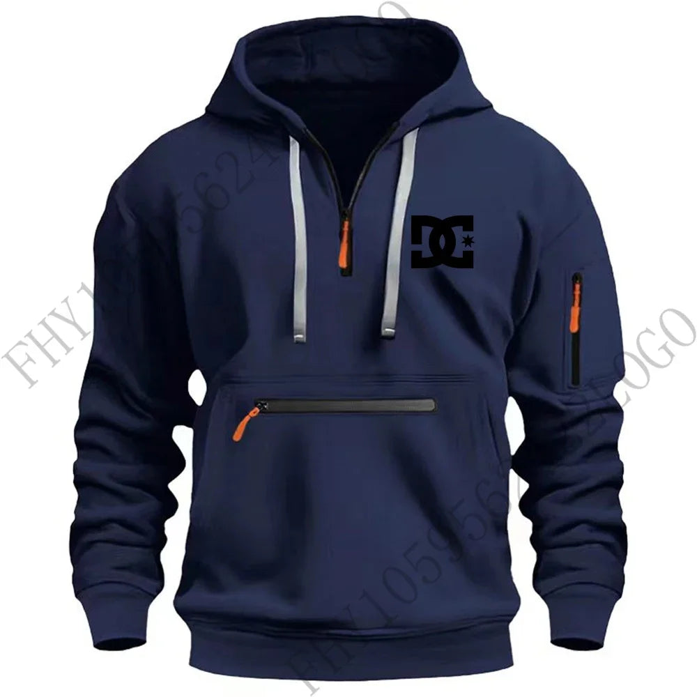 New men's hooded sportswear for autumn and winter 2025, long-sleeved multi-zipper pocket outdoor fishing casual pullover.