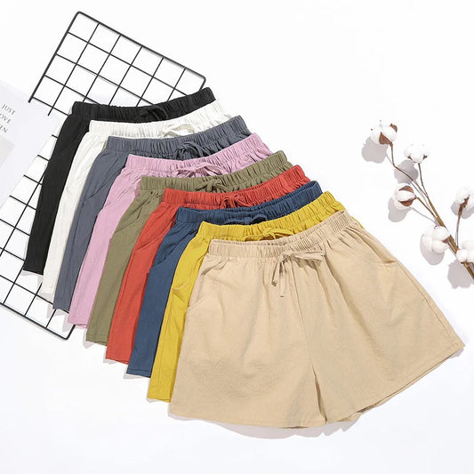 Summer Cotton Linen Shorts Women's Sports Shorts Solid High Waist Black Shorts Women Fashion Casual Basic Short.