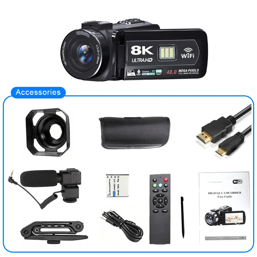 8K HD Video Camera 3 Inch LCD Touch Screen 18x Digital Zoom Camera Recorder Ultra HD WIFI Portable Recording Camcorder.