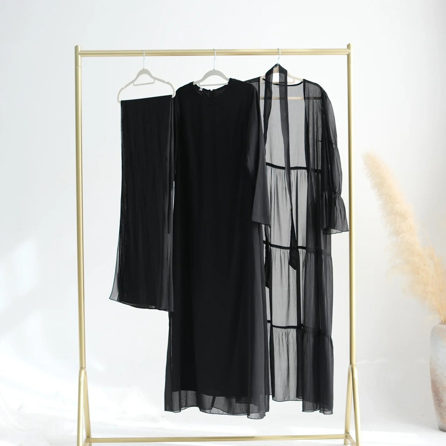 Chiffon Sheer Open Abaya Set Hijabi Muslim Women Party Ramadan Islamic Clothing  Dubai Turkey Kaftan Crepe Kimono Open Abayas