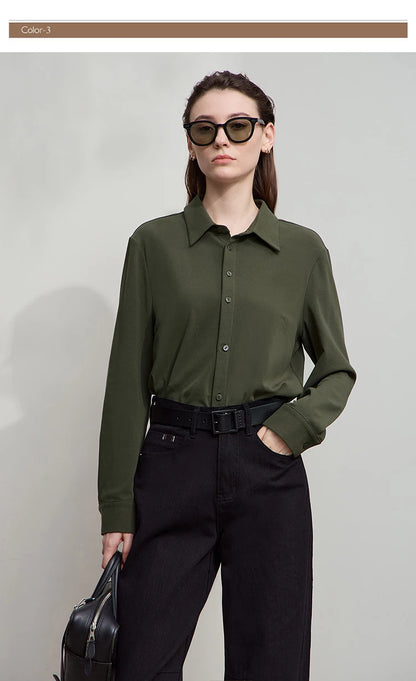 AMII Office Lady Shirt 2025 Autumn New Minimalism thick Long Sleeves Blouse Elastic Cotton Lapel Women's Clothing 12553079