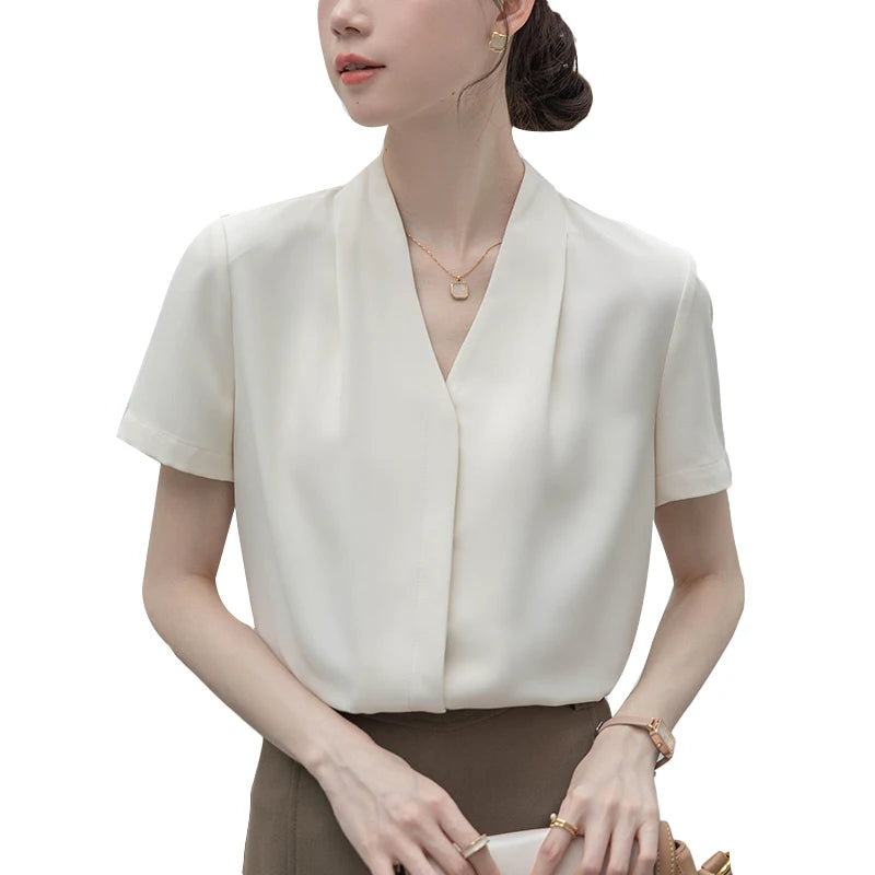2025 Fashion Summer Short Sleeve V-Neck Women Blouse White Blouse Shirt Women Tops Blouses Shirts Blusas Para Mujer Camisas XL86.