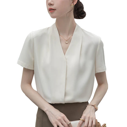 2025 Fashion Summer Short Sleeve V-Neck Women Blouse White Blouse Shirt Women Tops Blouses Shirts Blusas Para Mujer Camisas XL86.