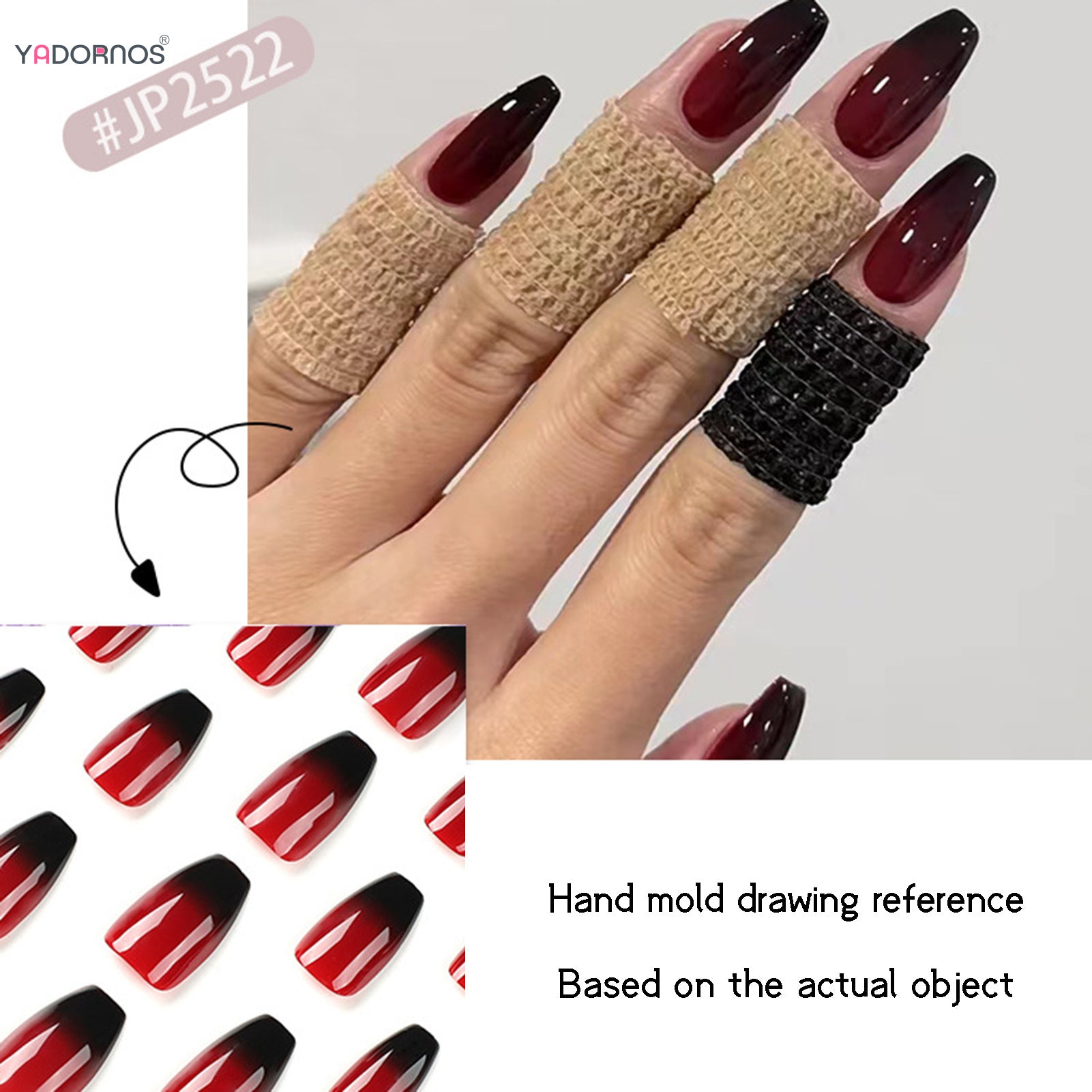 Red Black Gradient Press on Nails Medium Length Coffin Fake Nails with Sticky Tabs Ballerina False Nails Tips for Women 24Pcs.
