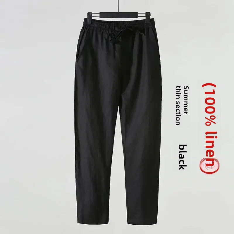 Casual Men's Linen Pants Loose Fit Cotton Linen 3/4 Length Pants Chinese Style Men's Material.