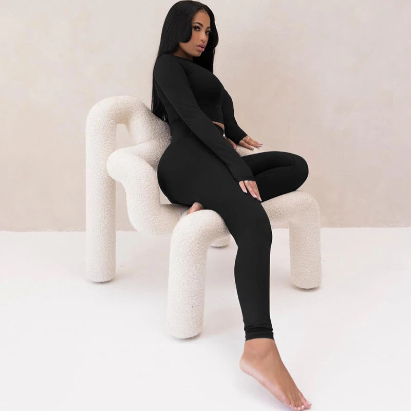 Hugcitar Pure Color Long Sleeve Crop T-Shirt Legging 2 Piece Matching Sets 2024 Spring Women Fashion Streetwear Sports Tracksuit