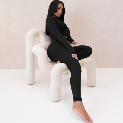 Hugcitar Pure Color Long Sleeve Crop T-Shirt Legging 2 Piece Matching Sets 2024 Spring Women Fashion Streetwear Sports Tracksuit