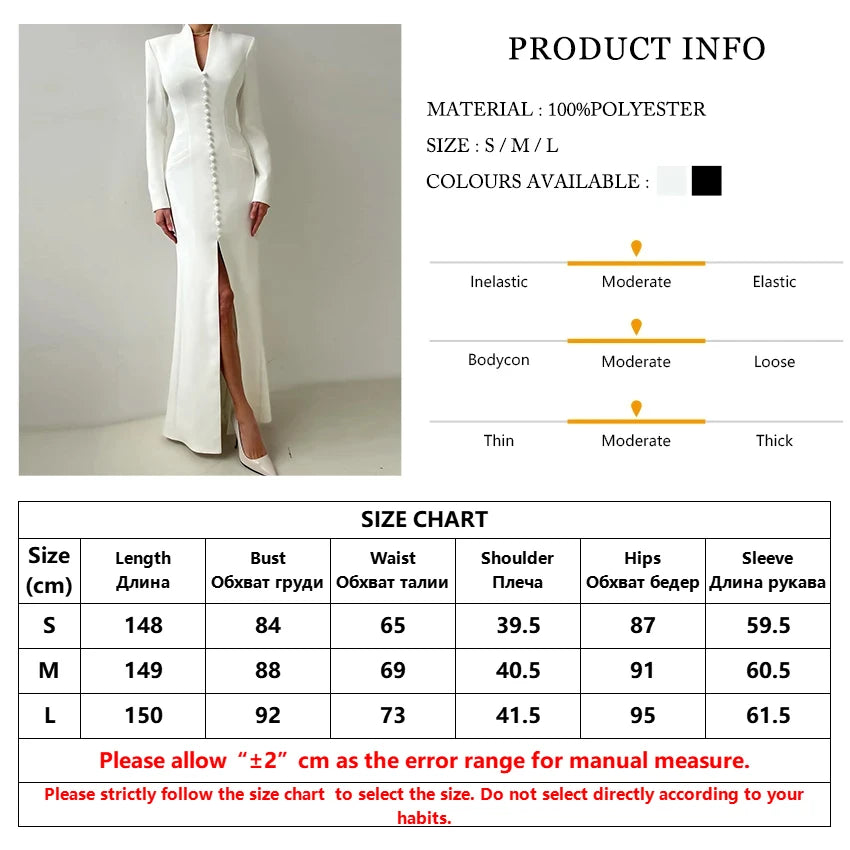 Clacive Sexy schlankes weißes Damenkleid 2025, modisches V-Ausschnitt, lange Ärmel, knöchellanges Kleid, elegantes, klassisches, geschlitztes Damenkleid.