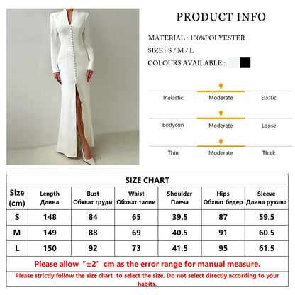 Clacive Sexy schlankes weißes Damenkleid 2025, modisches V-Ausschnitt, lange Ärmel, knöchellanges Kleid, elegantes, klassisches, geschlitztes Damenkleid.