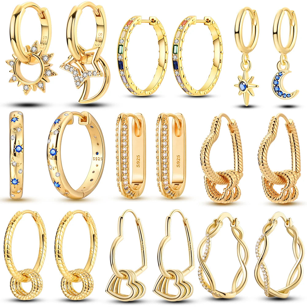 925 Sterling Silver Gold Color Circular Hoop Earrings Golden Earring Fit Original Charms Diy Fine Jewelry For Fashion Women.