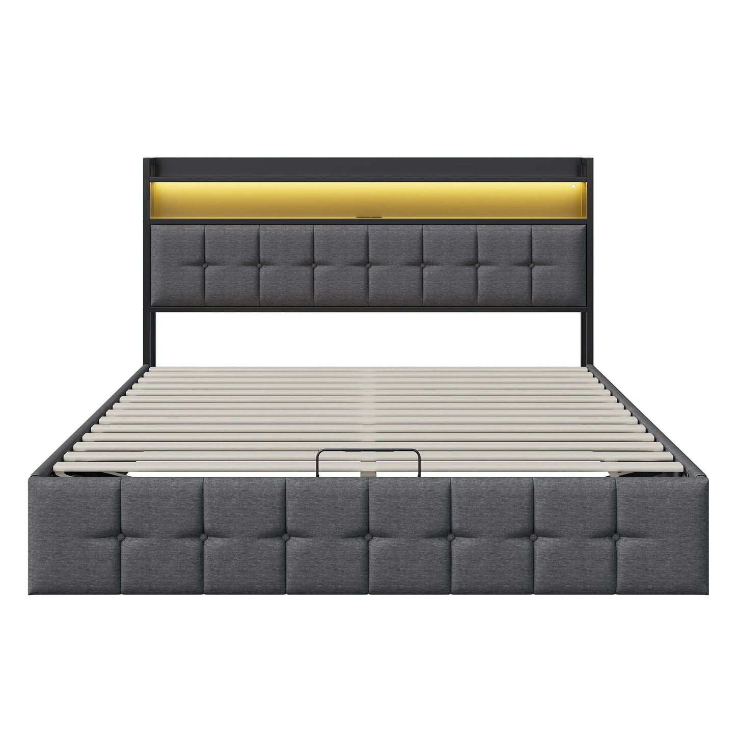 Rosahqnda Kissenbett, gepolstertes hydraulisches Bettgestell, graues Leinenkopfteil, Leinenstoff ohne Matratze