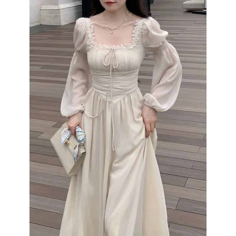2024 Französisch elegante Prinzessin Abend party Midi Kleider für Frauen A-Linie schlanke Bandage Langarm Vestidos koreanische Frühlings kleidung.
