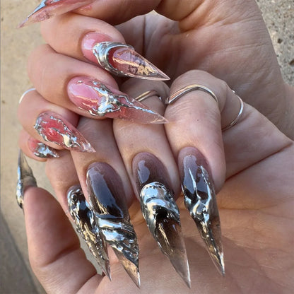 24Pc False Nails with Glue Almond Black Red Gradient Design Detachable Rhinestone Acrylic Fake Nail Long Stiletto Press on Nails