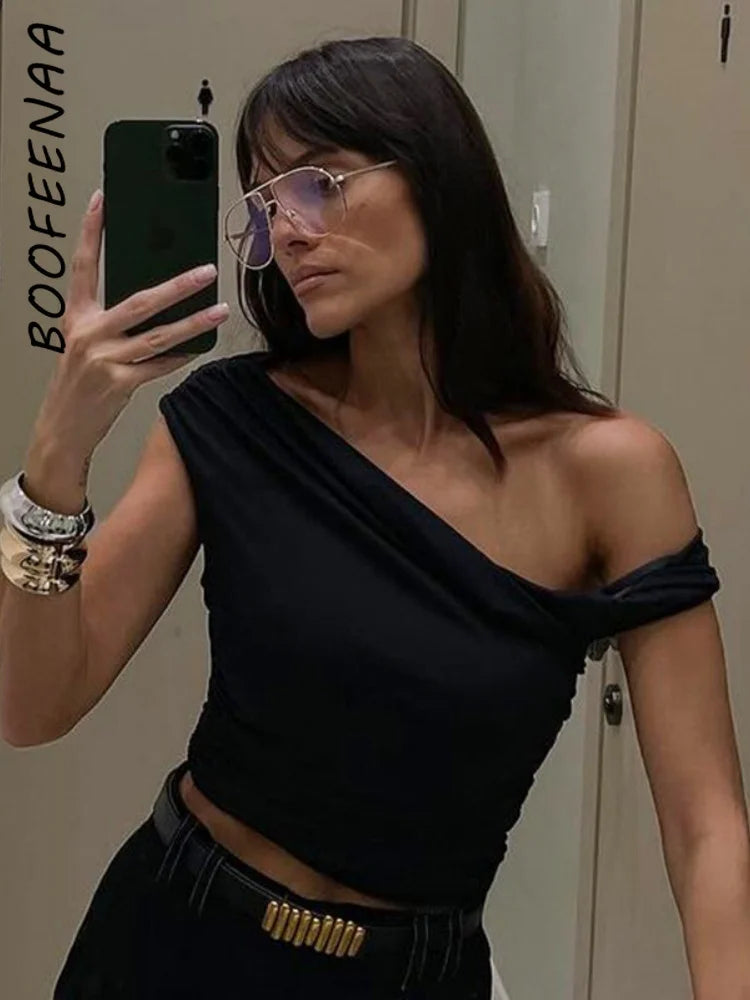 BOOFEENAA Asymmetrical One Shoulder Crop Tops Black Blue Sexy T Shirts for Woman Summer 2025 C95-BA13.