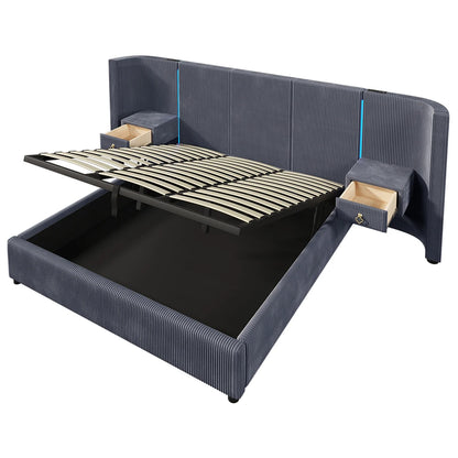 KOMHTOM Polsterbett 180x200cm, Samt mit, LED-Leiste, hydraulischem Stauraum, 2 Schubladen und USB+TYPE-C Anschluss