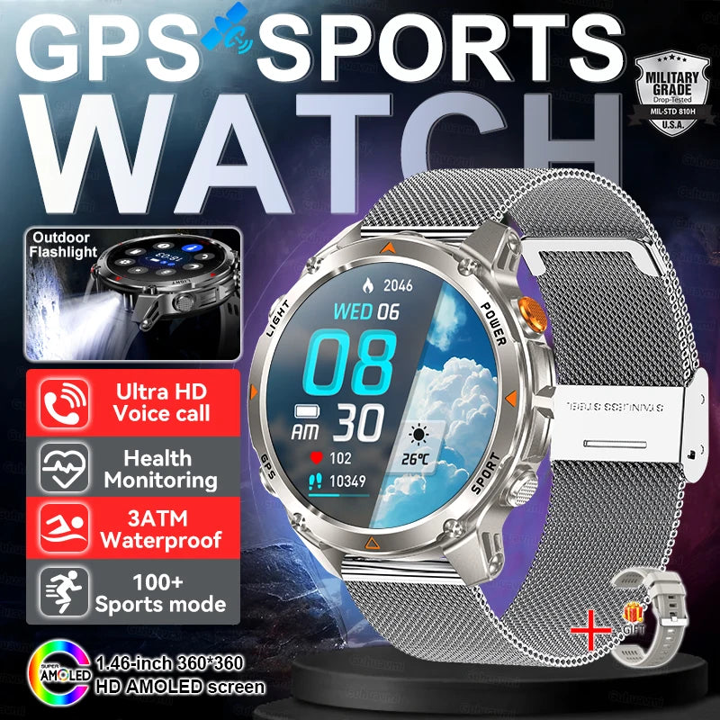 2025 New Outdoors Sports Military GPS Smart Watch 3ATM Waterproof Built-in Dual-Band GPS Compass Altimeter Swimming Smartwatches