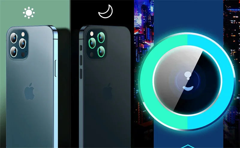 Night Light Luminous Metal Glass Camera Lens Protector for IPhone 16 15 14 1311 Pro Max Plus 12 Mini 16Pro Ring Lens Film Cover.