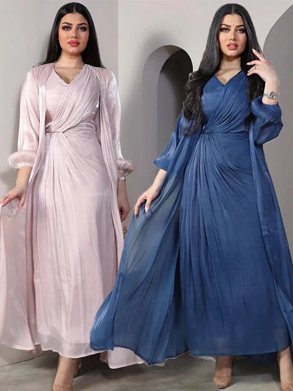 Morocco Party Dress Women Abaya 2 Piece Set Silky Satin Dubai Muslim Dresses Eid Caftan Evening Long Robe Vestidos Abayas Robe.