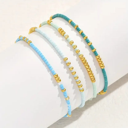 4 PCS Turquoise Color Seedbeads Stretch Bracelet Set Bohemia Gold Color Glassbeads Elastic Handmade Girls Vacation Jewelry.
