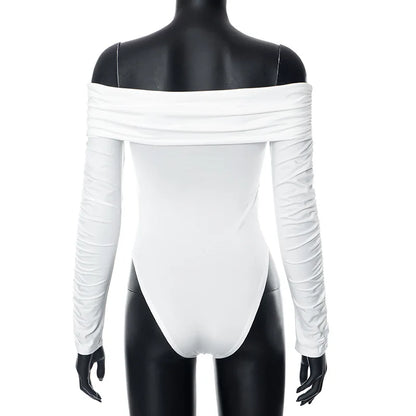 Cryptographic Fashion Ruched Sexy Backless Wrap Bodysuit Elegant Off Shoulder Slim Long Sleeve White Tops One Piece Skinny Fall.