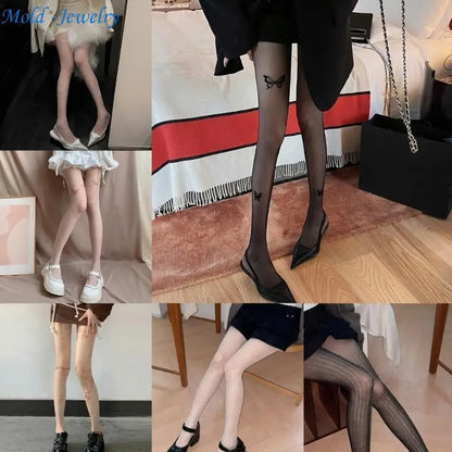 69HB Women Butterfly Stripe Pantyhose JK Sweet Thin Silky Tights Stockings.