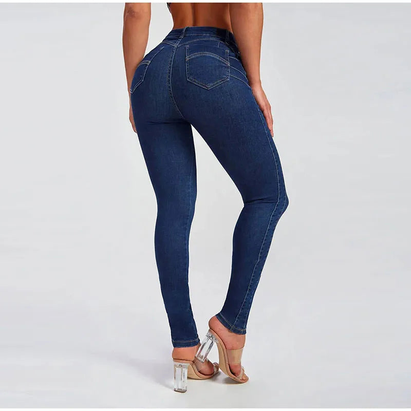 Street Slim Women's Blue Pencil Denim Pants Women Zipper Pockets Lady Jeans 2025 Autumn Lady Casual Street Trouser.