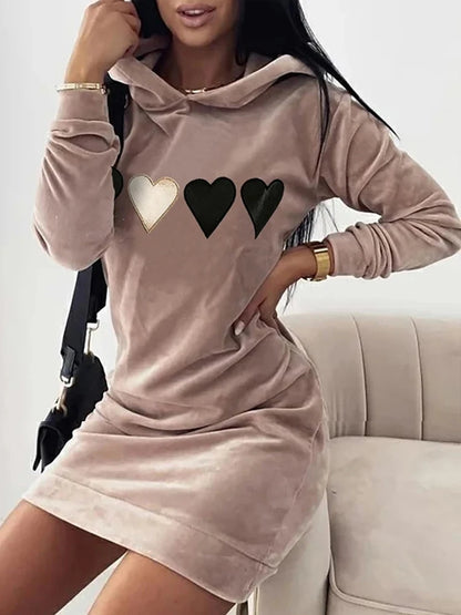 Women Long Sweater Dresses LOVE Print Hooded Loose High Collar Sweatshirts Long Sleeve Pullover Fall Winter Y2K Street Style Top.