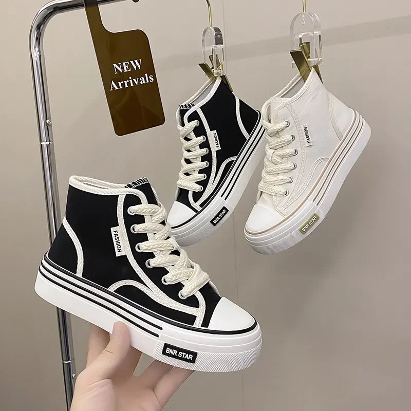 Maogu Women Autumn 2023 New Fashion Thick Platform Leisure Sports Shoe White Sneakers Breathable Casual High Top Canvas Shoes 40.