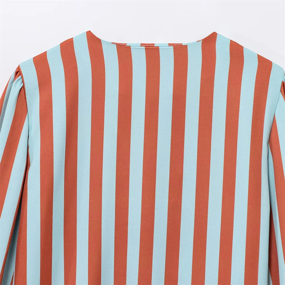 women's fashionable and versatile round neck long sleeved striped bubble sleeve temperament summer new top.