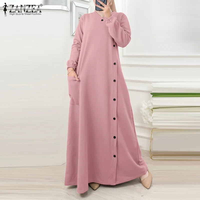 ZANZEA Muslim Casual Loose Long Dresses Textured O Neck Buttons Long Sleeve A-line Vestidos Women 2024 Islamic Hijab Abaya Robes.