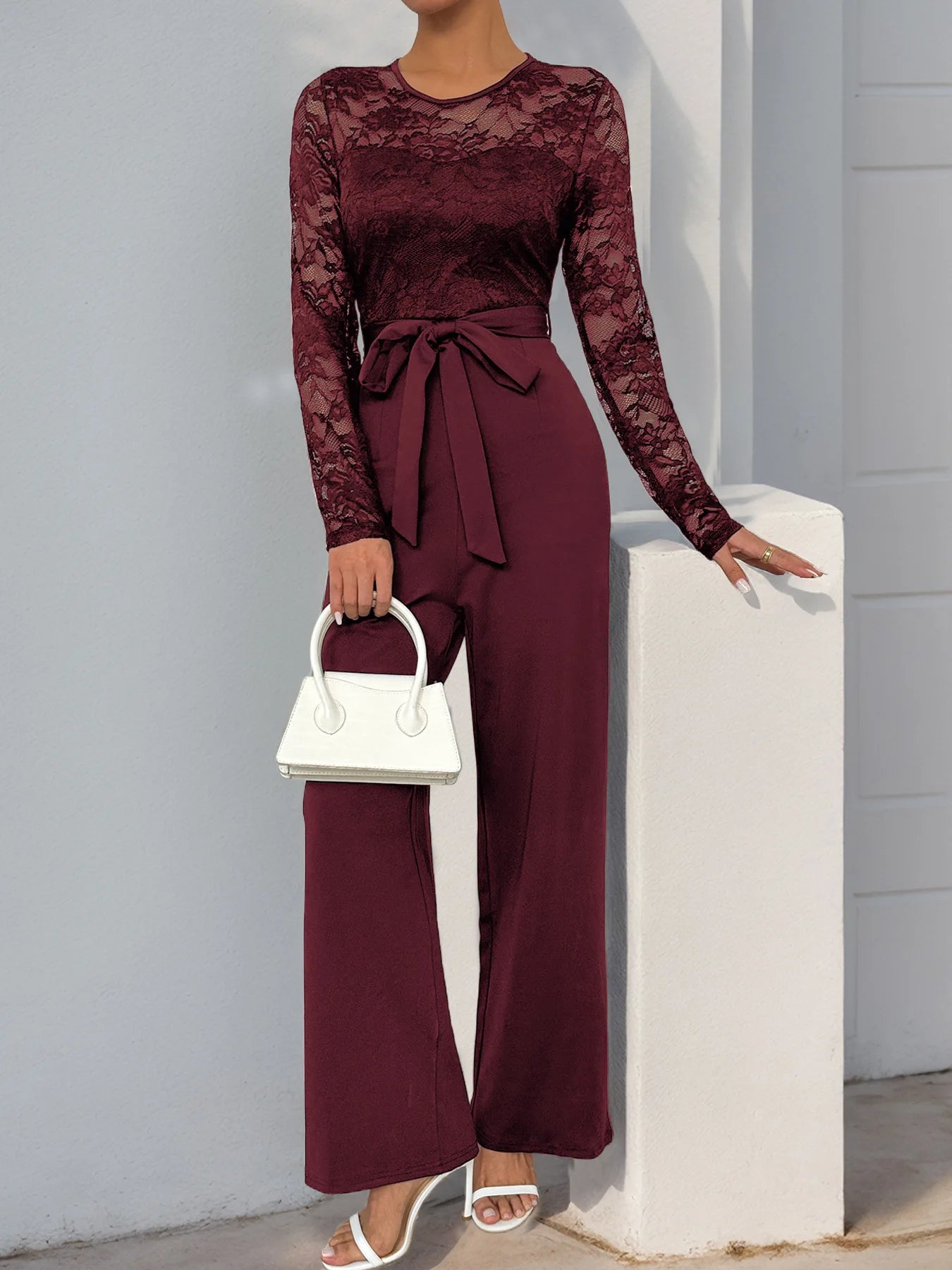 Spring New Women's Sexy Lace Spliced Long Jumpsuit Fashion Solid Color Hollow Long Sleeve Casual Laces Wide Leg Jumpsuit Women.