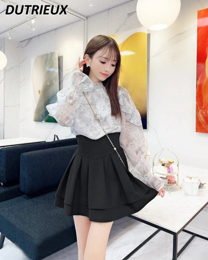 Japanese Lolita Black Skirts Women 2025 Spring Autumn New Radian Waistline Slim Short Pleated Skirt Female Mini Skirt Culottes.