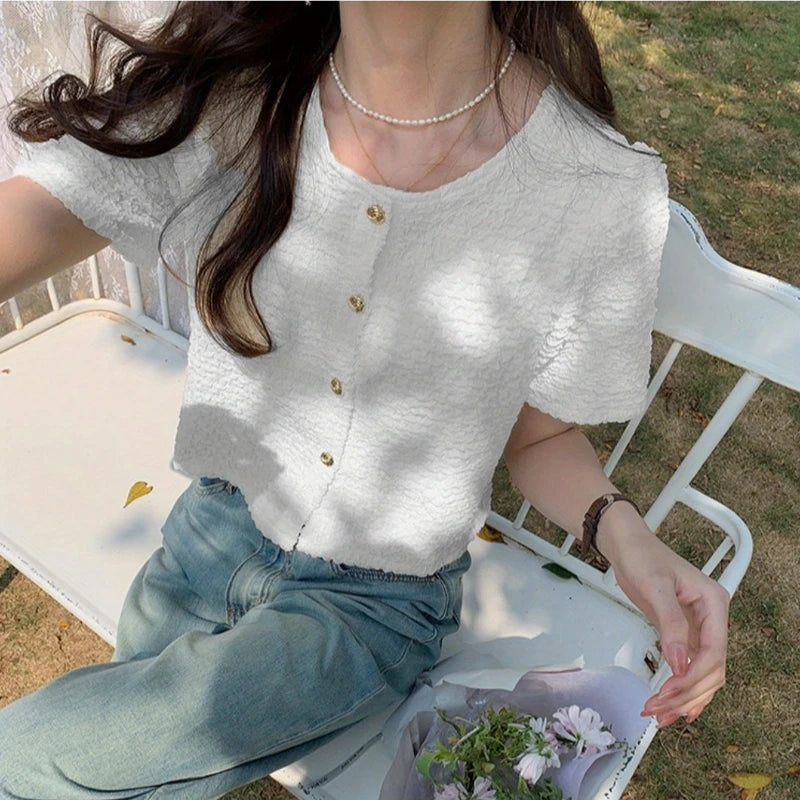 New Summer Short Sleeve O-Neck Women Shirt Sweet White Shirt Blouse Women Tops 2025 Blouses Shirts Blusas Para Mujer Blusa XL183.
