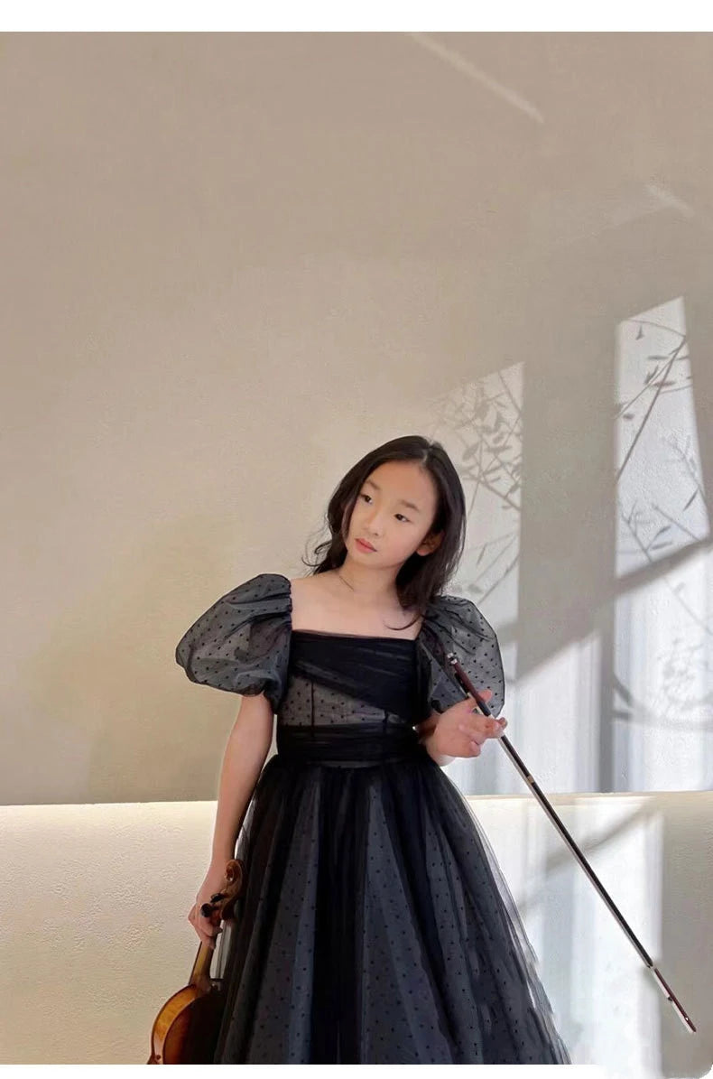 Mädchen Abendkleid für Kinder Elegante Schwarz Vintage Puff Hülse Kleider Teenages Party Kleider Kinder Violine Leistung Vestidos.