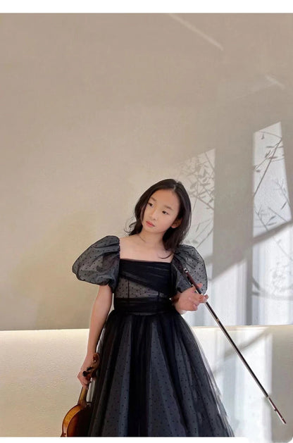 Mädchen Abendkleid für Kinder Elegante Schwarz Vintage Puff Hülse Kleider Teenages Party Kleider Kinder Violine Leistung Vestidos.
