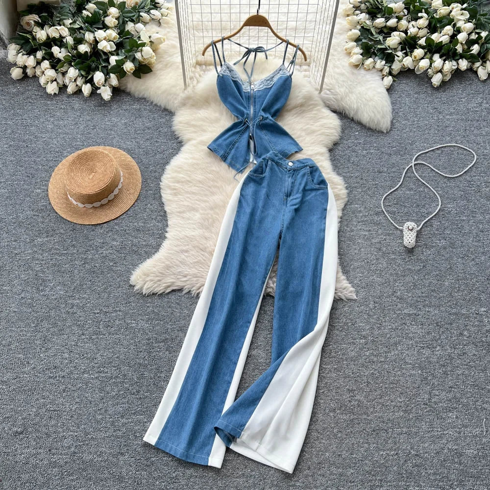 Denim Two Piece Sets Women Jeans Suit Lace Y2k Top Wide Leg Pants Zipper Lace Up Patchwork Trousers Outfits Ensemble Summer 2025.