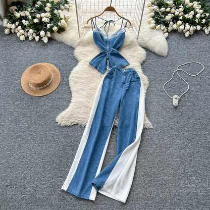 Denim Two Piece Sets Women Jeans Suit Lace Y2k Top Wide Leg Pants Zipper Lace Up Patchwork Trousers Outfits Ensemble Summer 2025.
