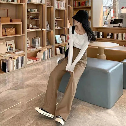 Fashion High Waist Wide Leg Pants Women Spring Fall Baggy Black Trouser Office Ladies Full Length Straight Suit Pant Outwear New.