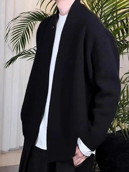 Men's Clean Fit Loose Knit Cardigan - Autumn Winter Ash Gray Relaxed Fit Dao-Style Sweater, Cozy Oversized Outerwear.