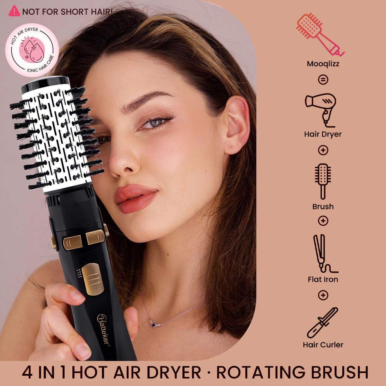 Hatteker EU 4-Head Hot Air Brush Hair Dryer Strong Wind Electric Straightener Curler Roller Comb Blower Styling Tool for Woman.