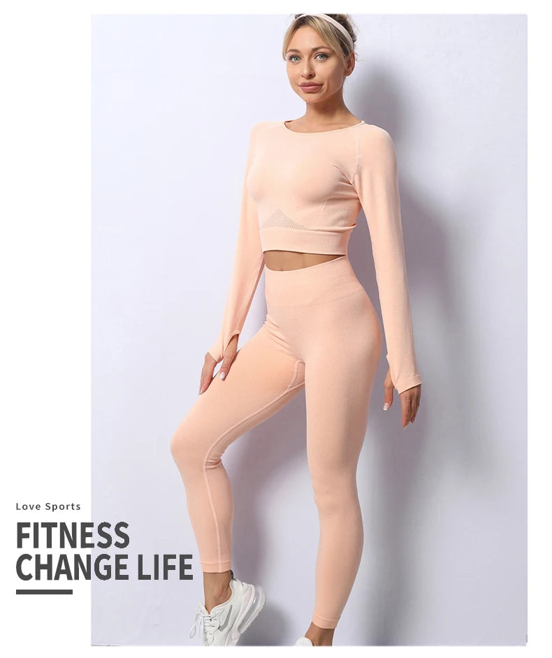 Women Yoga 2 Pieces Workout Outfits Seamless High Waist Leggings Sports Crop Top Running Clothes Sets