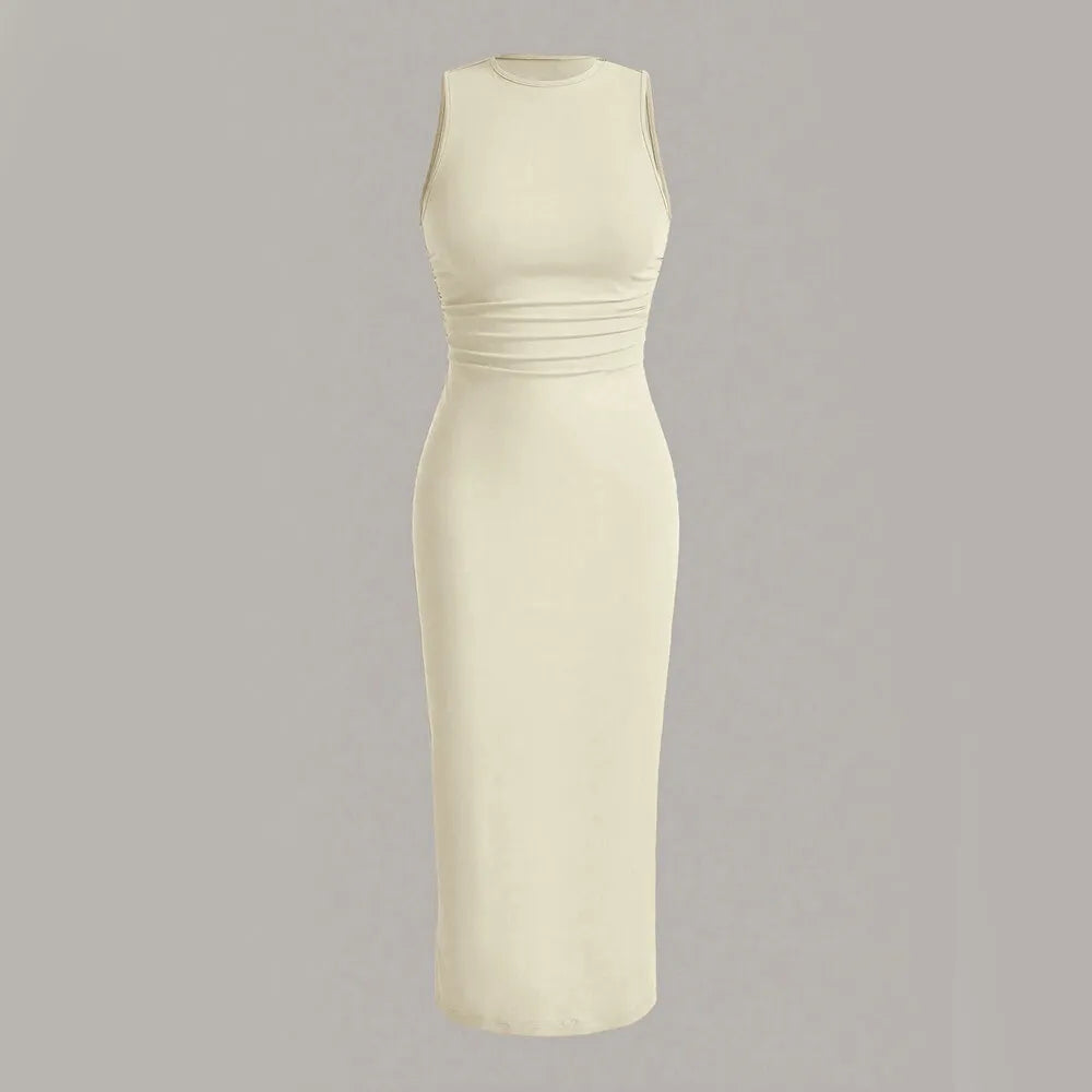 Mia Muse Damenkleider für alle Jahreszeiten, minimalistisch, schlicht, ärmellos, Rundhalsausschnitt, Wickel-MIDI-Partykleider.