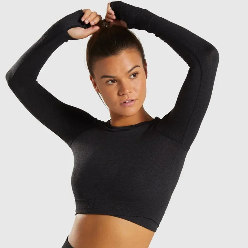 Noennamenull Women's Long Sleeve Yoga Set Seamless Knit Fitness Clothing Quick Dry Export Quality Cross Body Top.