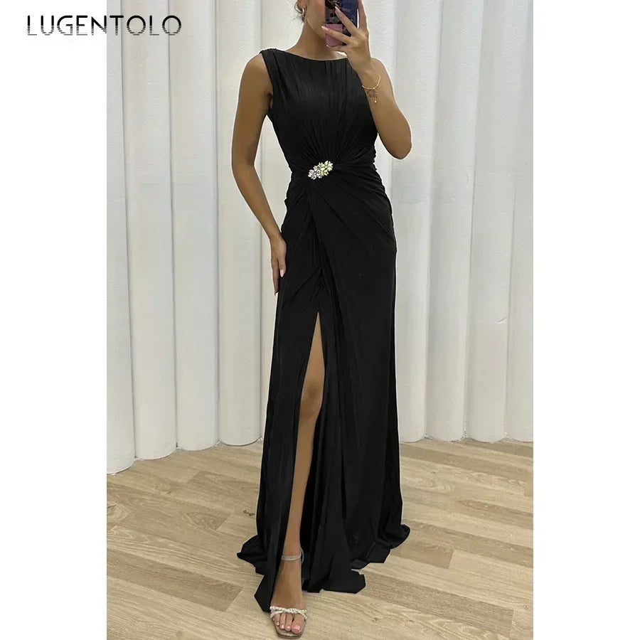 Frauen sexy Kleid neue ärmellose feste Party schlanke Empire Split weibliche elegante Rundhals Mode lange Kleidung.
